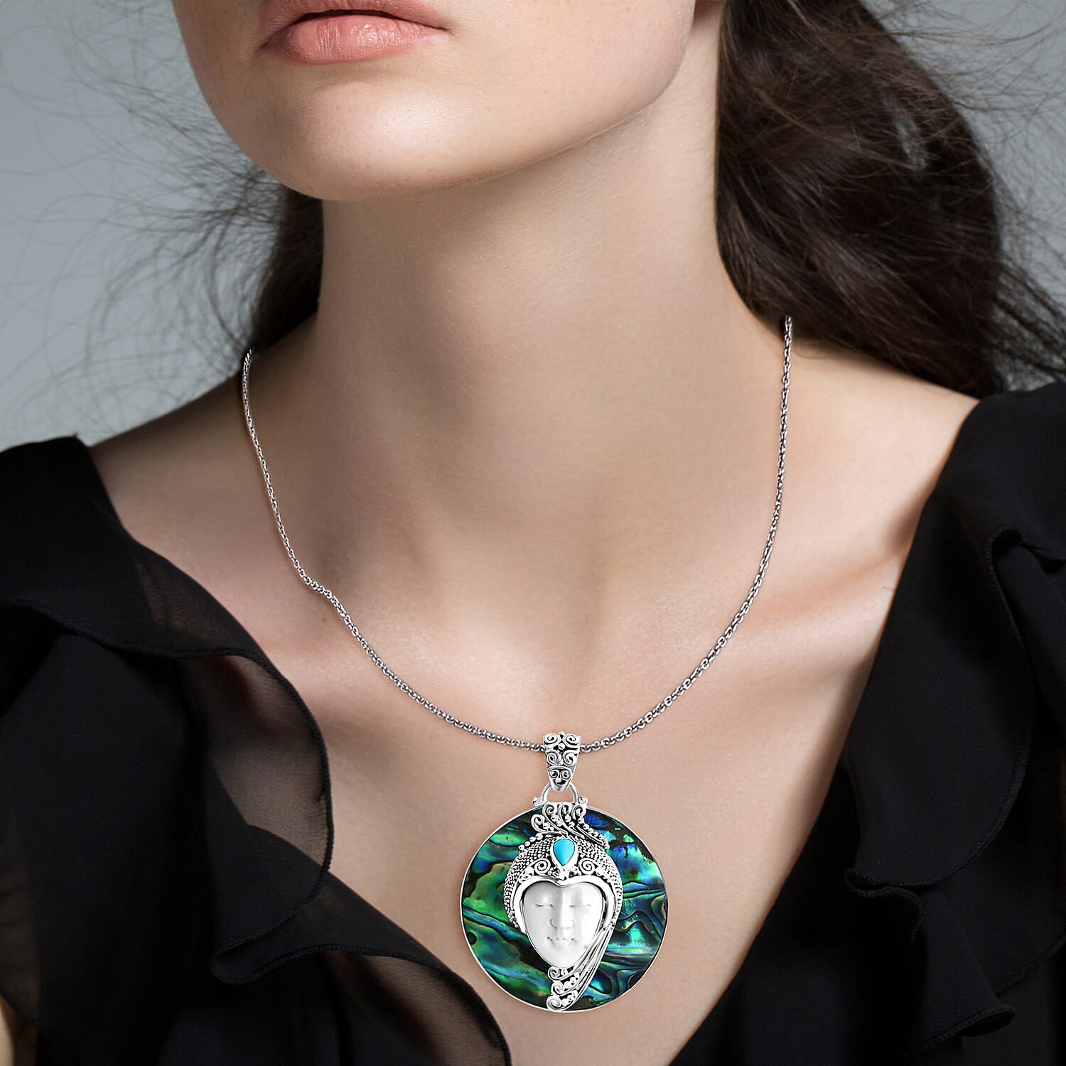 Royal Bali Collection - Ox Bone, Sleeping Beauty Turquoise & Abalone Shell Pendant Sterling Silver 35.01 Ct, Silver Wt. 13.59 Gms.
