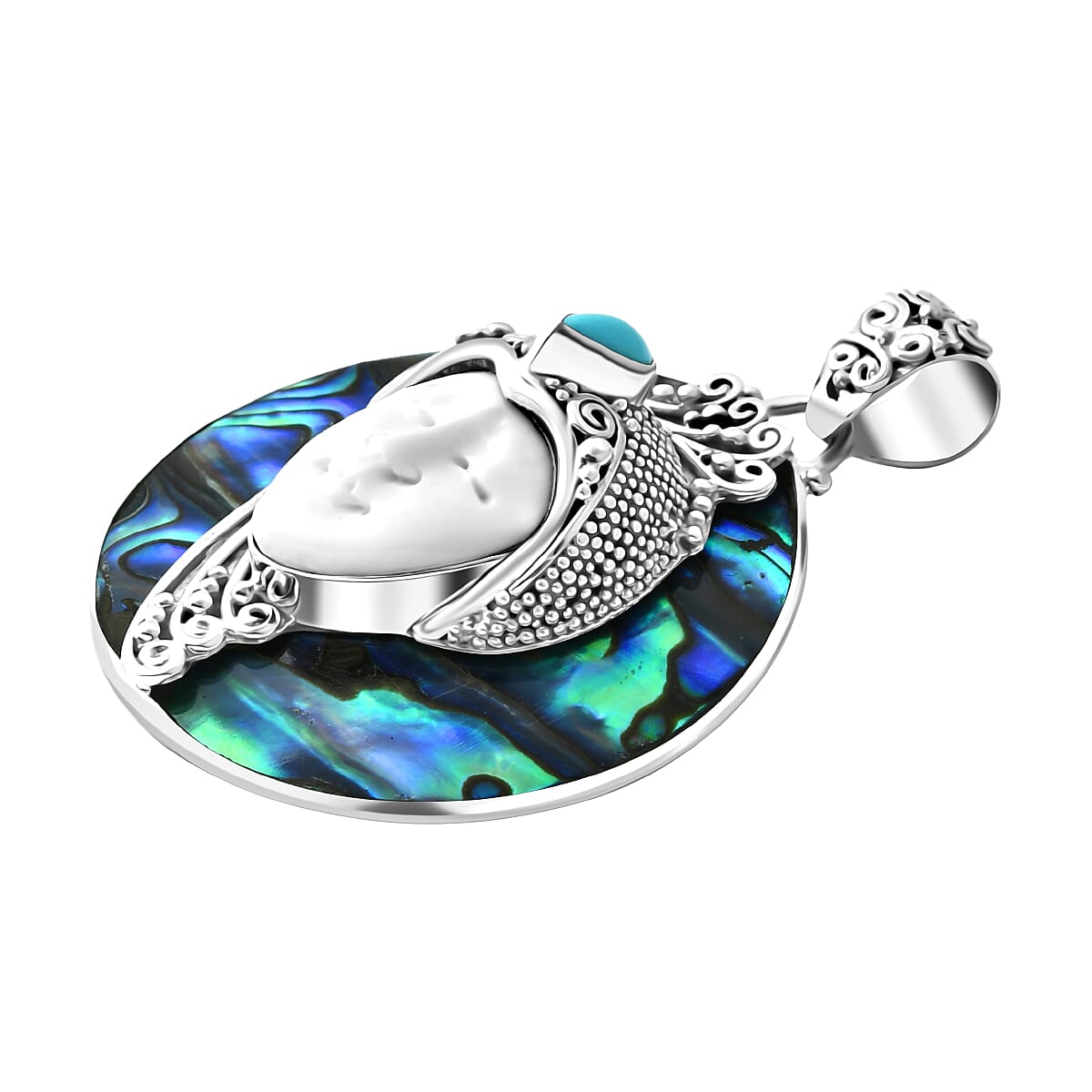 Royal Bali Collection - Ox Bone, Sleeping Beauty Turquoise & Abalone Shell Pendant Sterling Silver 35.01 Ct, Silver Wt. 13.59 Gms.