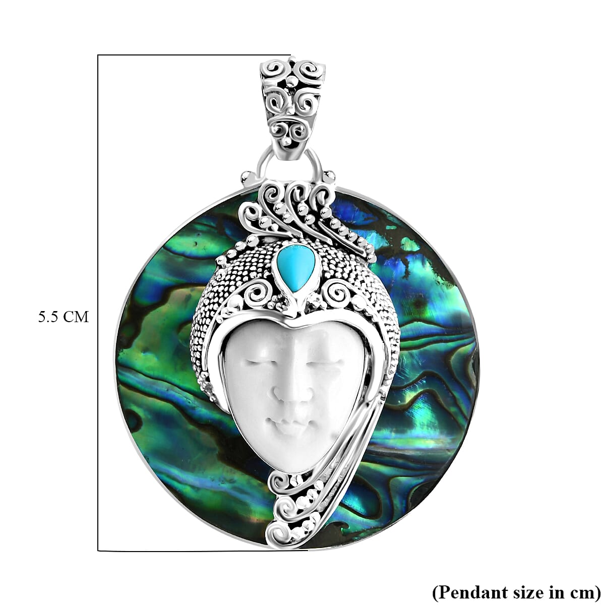 Royal Bali Collection - Ox Bone, Sleeping Beauty Turquoise & Abalone Shell Pendant Sterling Silver 35.01 Ct, Silver Wt. 13.59 Gms.