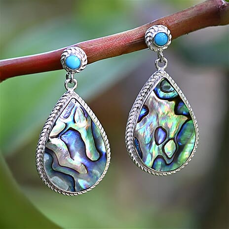 Royal Bali Collection  Abalone Shell & Sleeping Beauty Turquoise Earring with Push Back Sterling Silver 8.80 Ct, Silver Wt. 11.30 Gms.