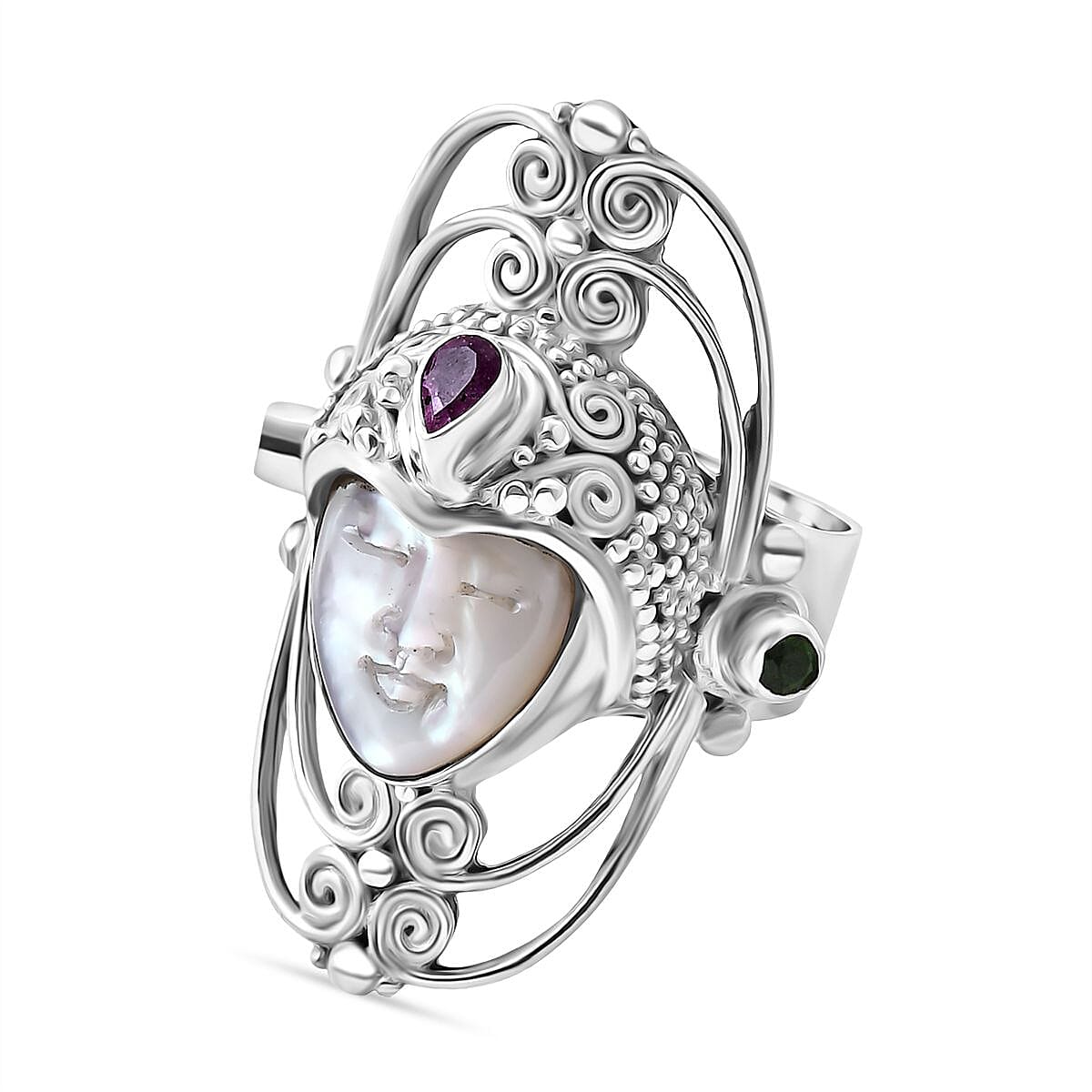 Mother Of Pearl, Natural Chrome Diopside & Fissure Filled Pink Sapphire Ring Sterling Silver 4.40 Ct, Silver Wt. 14.32 Gms.