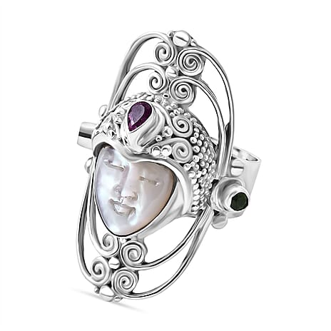 Mother Of Pearl, Natural Chrome Diopside & Fissure Filled Pink Sapphire Ring Sterling Silver 4.40 Ct, Silver Wt. 14.32 Gms.