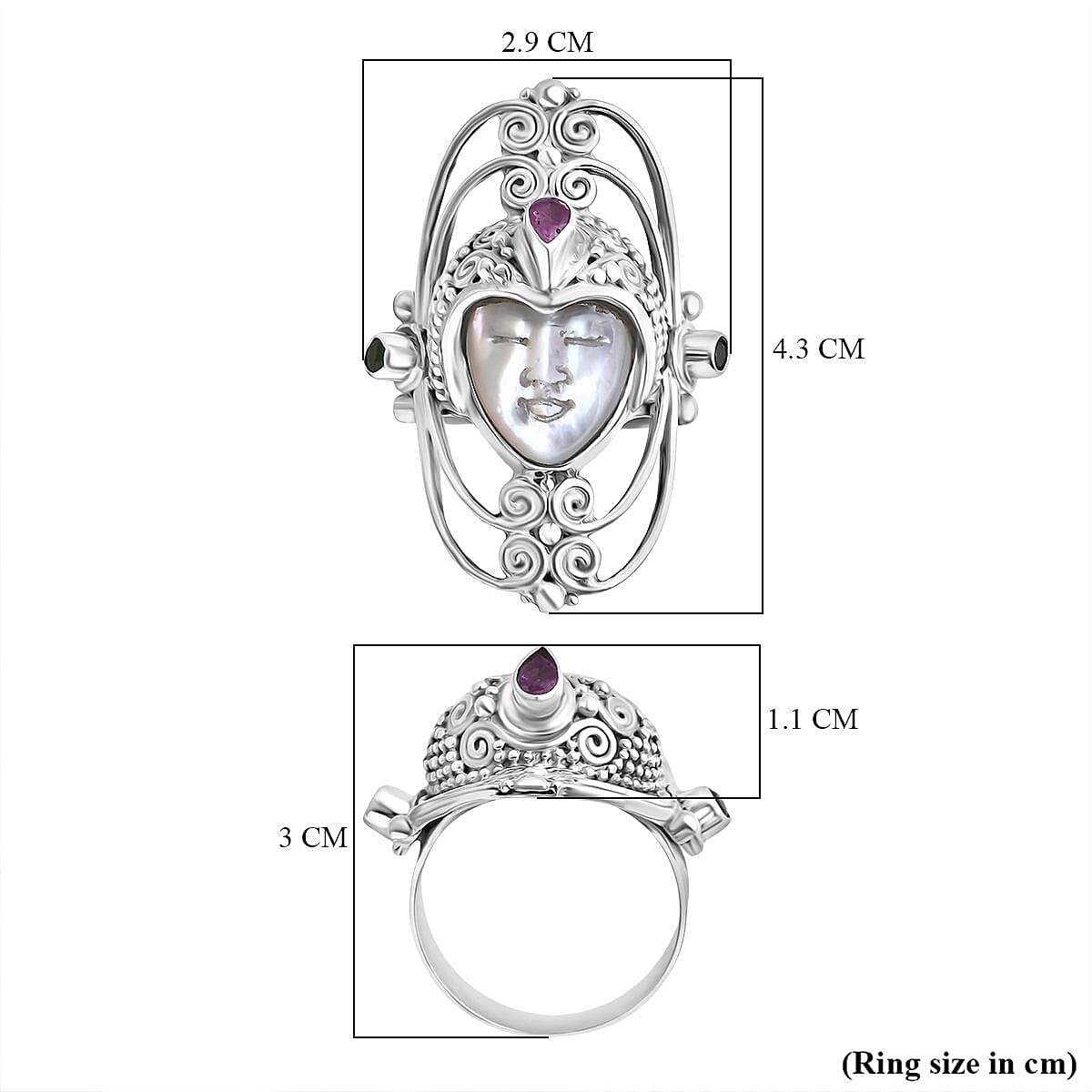 Mother Of Pearl, Natural Chrome Diopside & Fissure Filled Pink Sapphire Ring Sterling Silver 4.40 Ct, Silver Wt. 14.32 Gms.