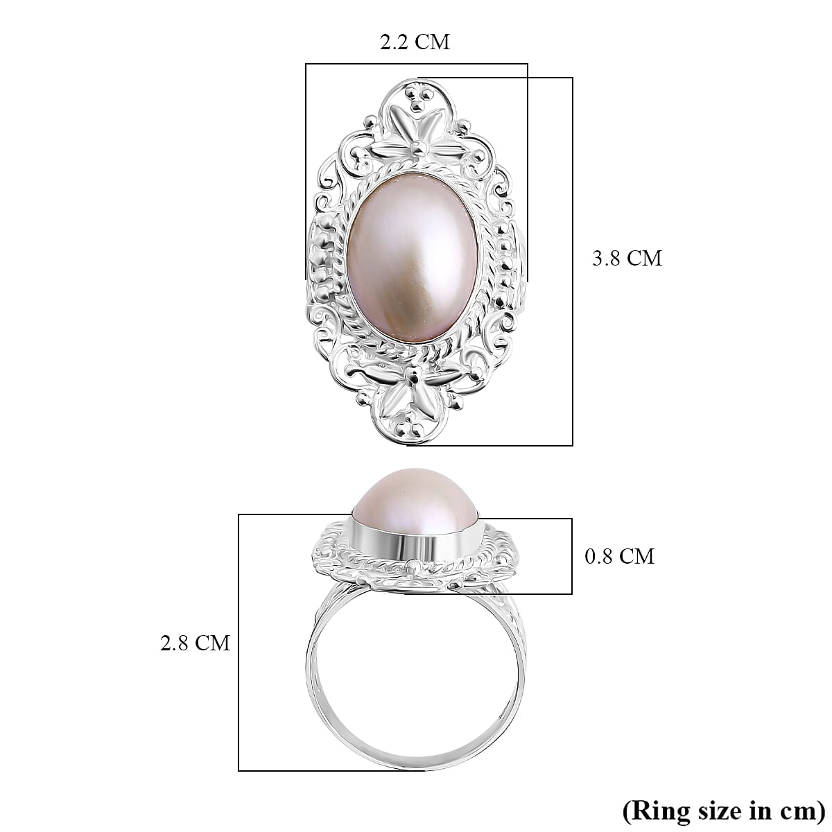 Royal Bali Collection White Mabe Pearl Ring Sterling Silver 4.48 Ct, Silver Wt. 8.54 Gms.