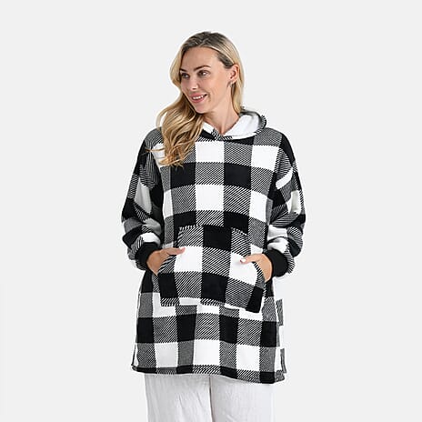Tamsy Super Soft Fleece Checkered Oversize Hoodie (One Size) - Black & White