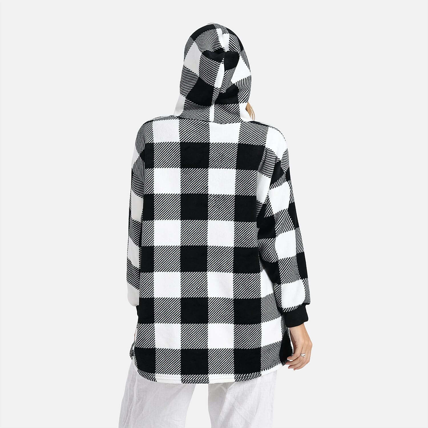 Tamsy Super Soft Fleece Checkered Oversize Hoodie (One Size) - Black & White
