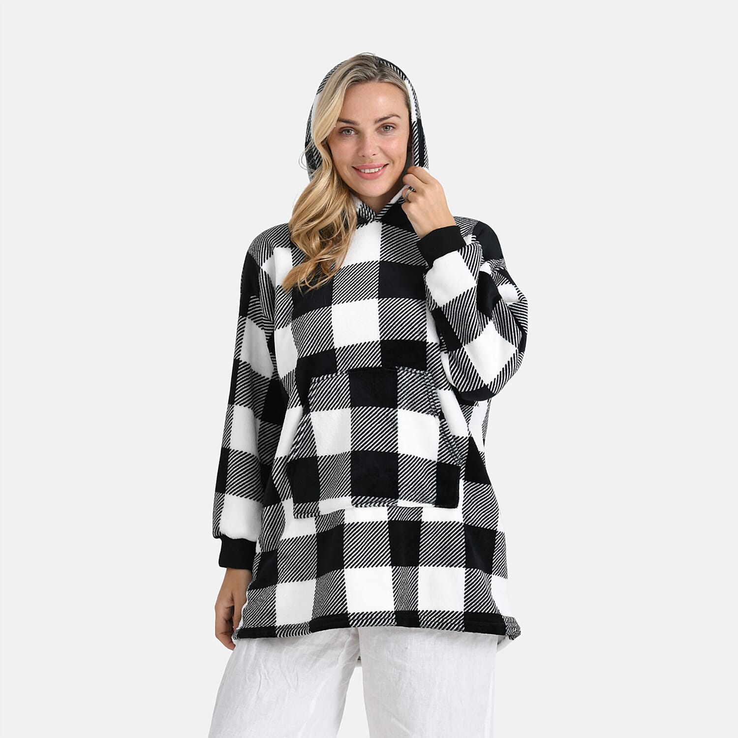 Tamsy Super Soft Fleece Checkered Oversize Hoodie (One Size) - Black & White