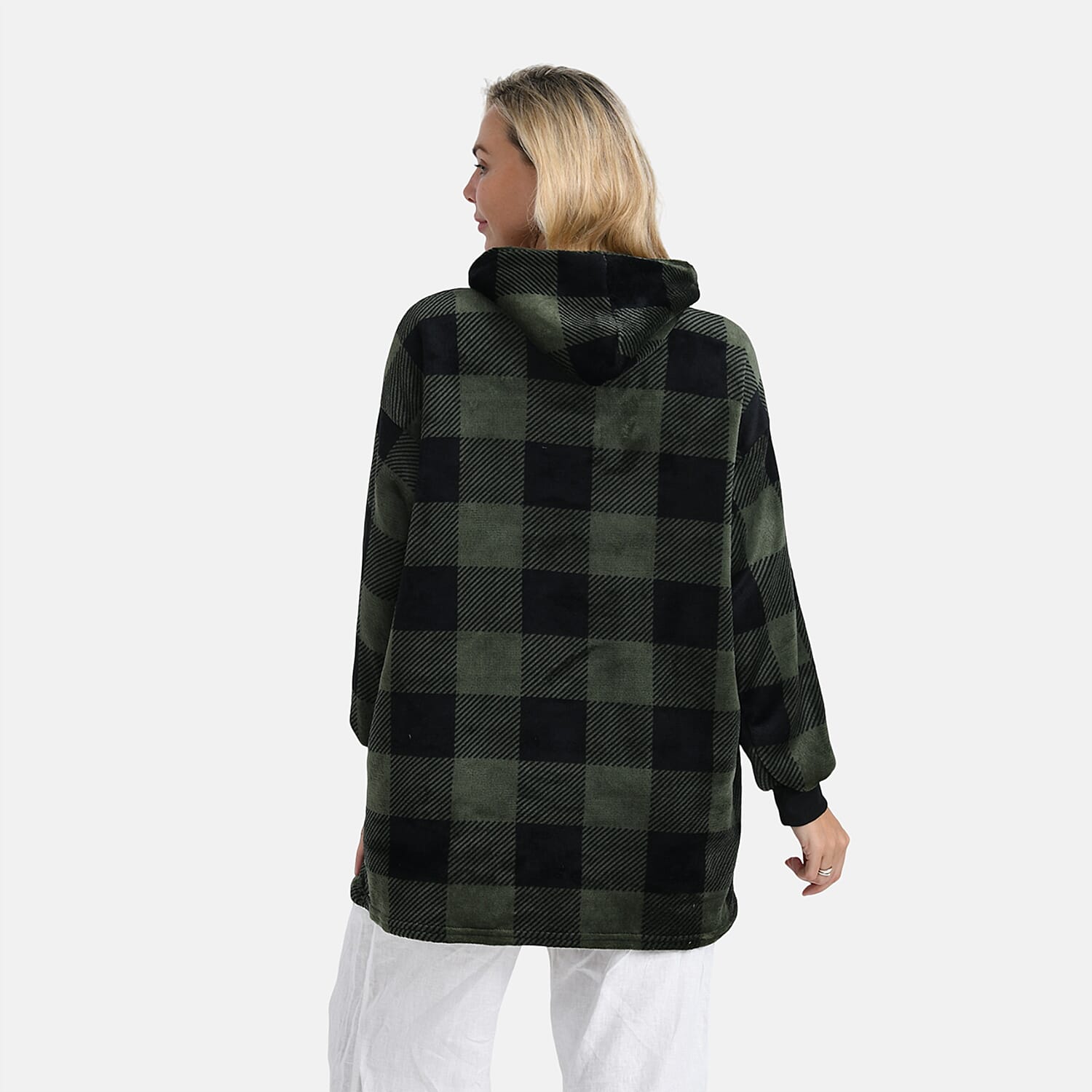 Tamsy Super Soft Fleece Checkered Oversize Hoodie (One Size) - Green & Black