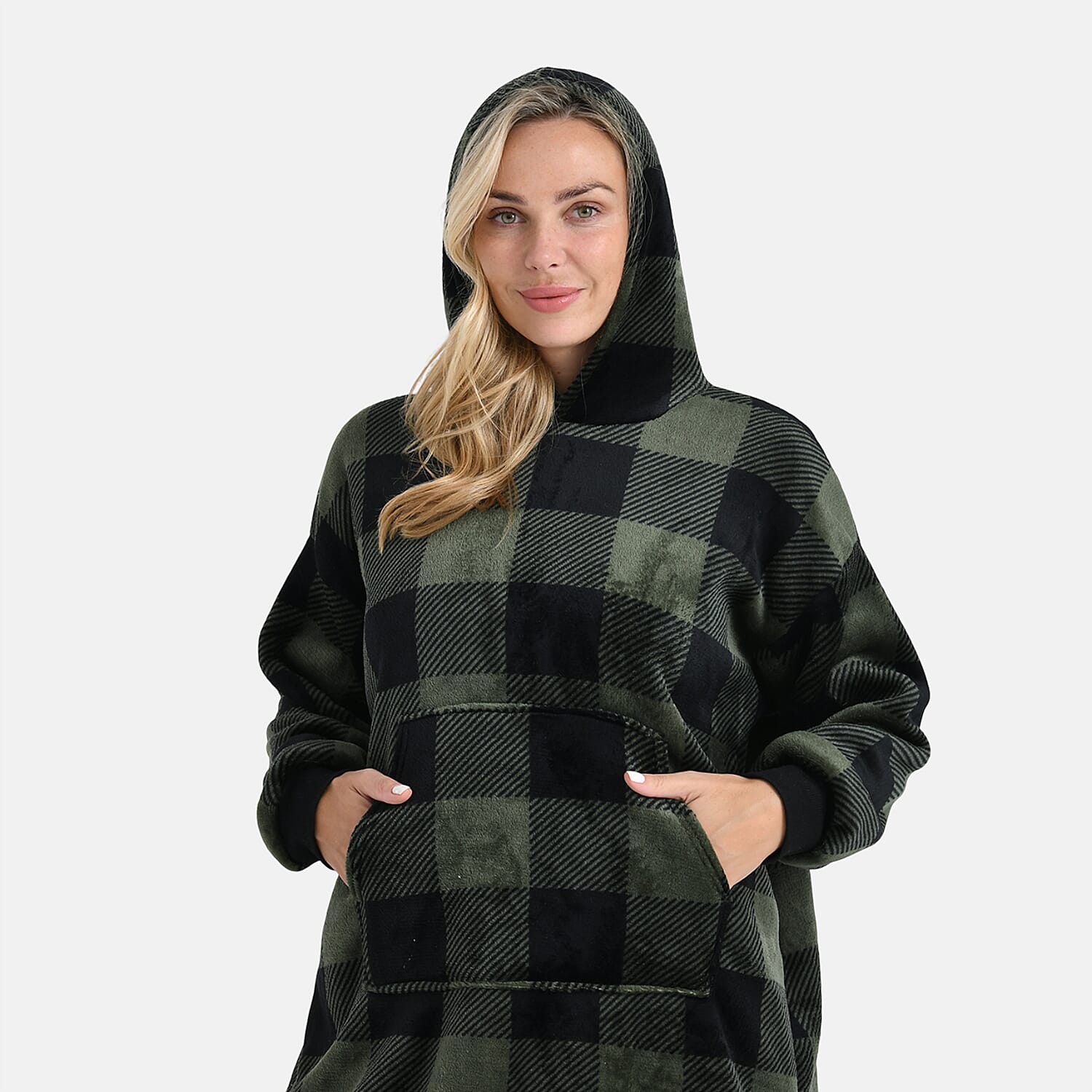 Tamsy Super Soft Fleece Checkered Oversize Hoodie (One Size) - Green & Black