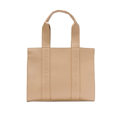 BEBE Vegan Leather Hana Canvas Tote Bag - Tan