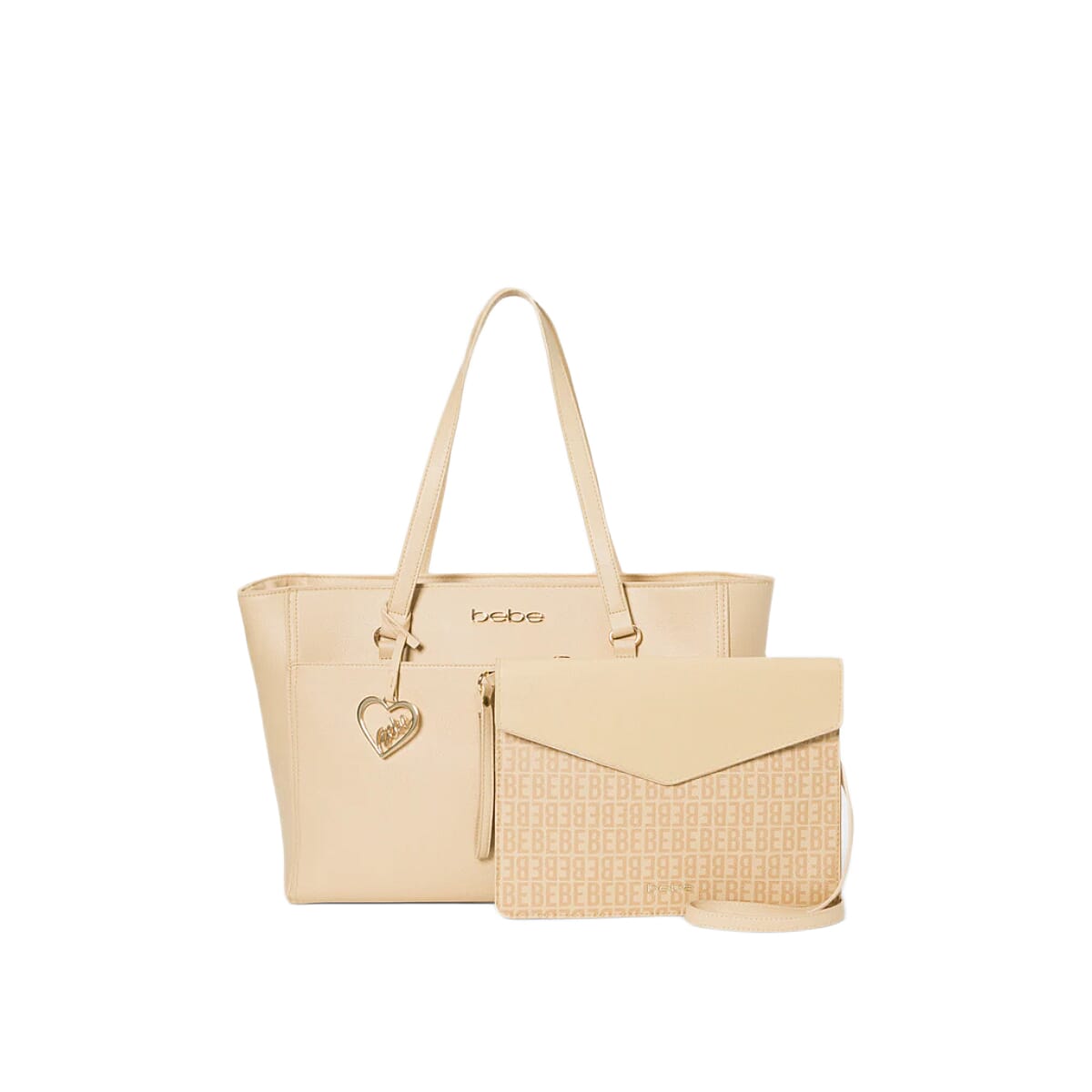 THE DESIGNER LAUNCH - BEBE Signature Tote - Clutch Set with Heart Charm (Size 10x5x14 cm) - Beige