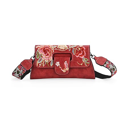Vintage Chinese Hand Embroidered Crossbody Bag - Red