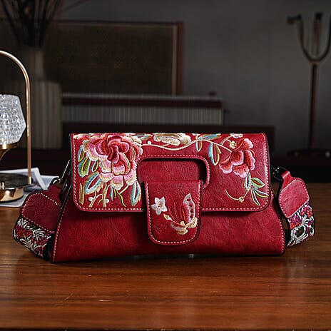 Vintage Chinese Hand Embroidered Crossbody Bag - Red