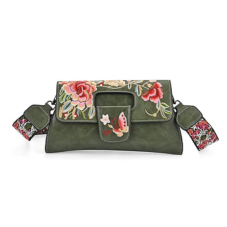 Vintage Chinese Hand Embroidered Crossbody Bag -  Green