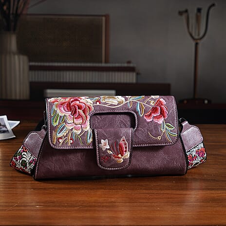 Vintage Chinese Hand Embroidered Crossbody Bag - Plum