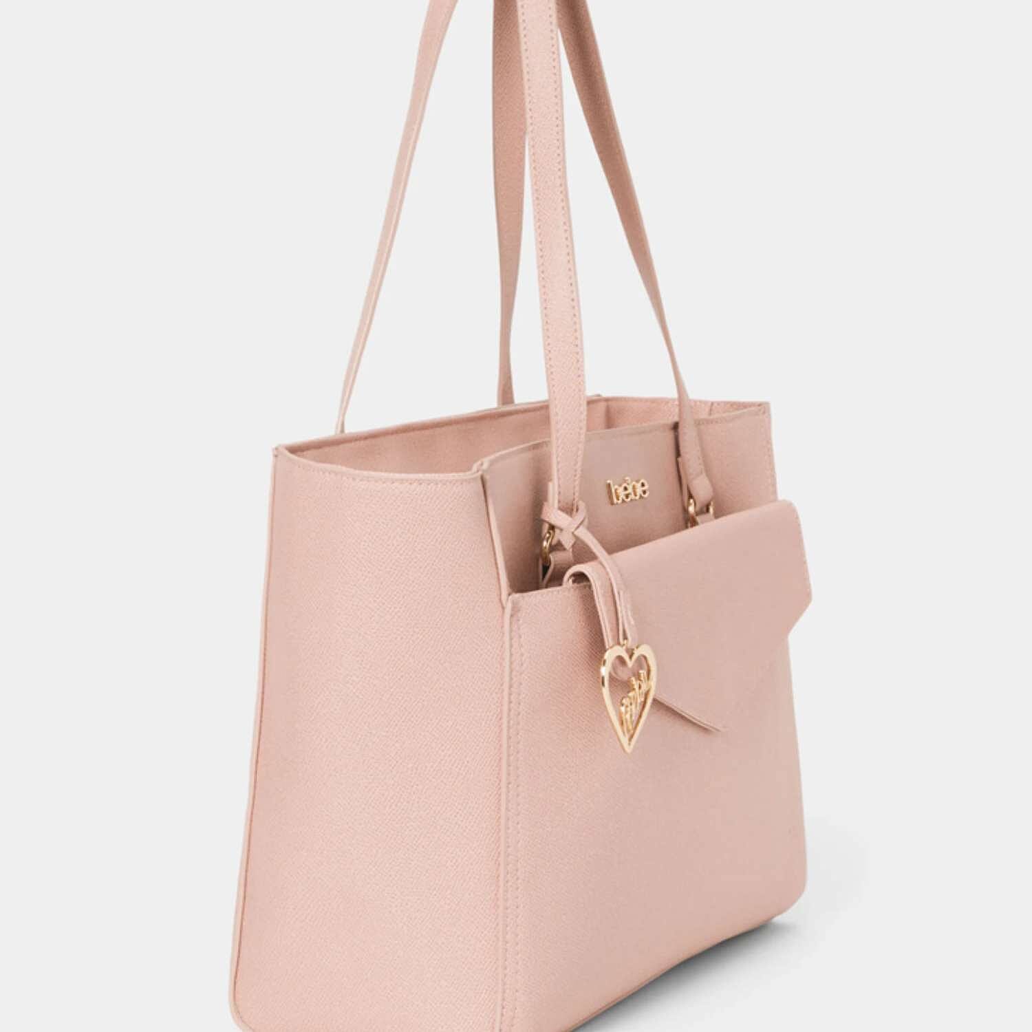 THE DESIGNER LAUNCH -- BEBE Signature Tote - Clutch Set with Heart Charm (Size 10x5x14 cm) - Blush