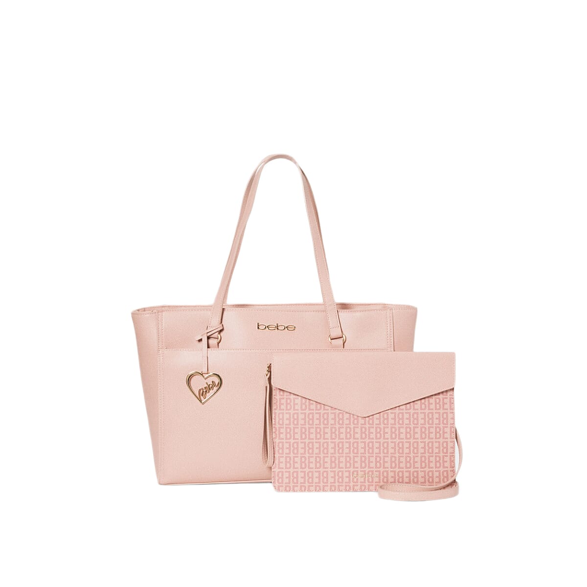 THE DESIGNER LAUNCH -- BEBE Signature Tote - Clutch Set with Heart Charm (Size 10x5x14 cm) - Blush