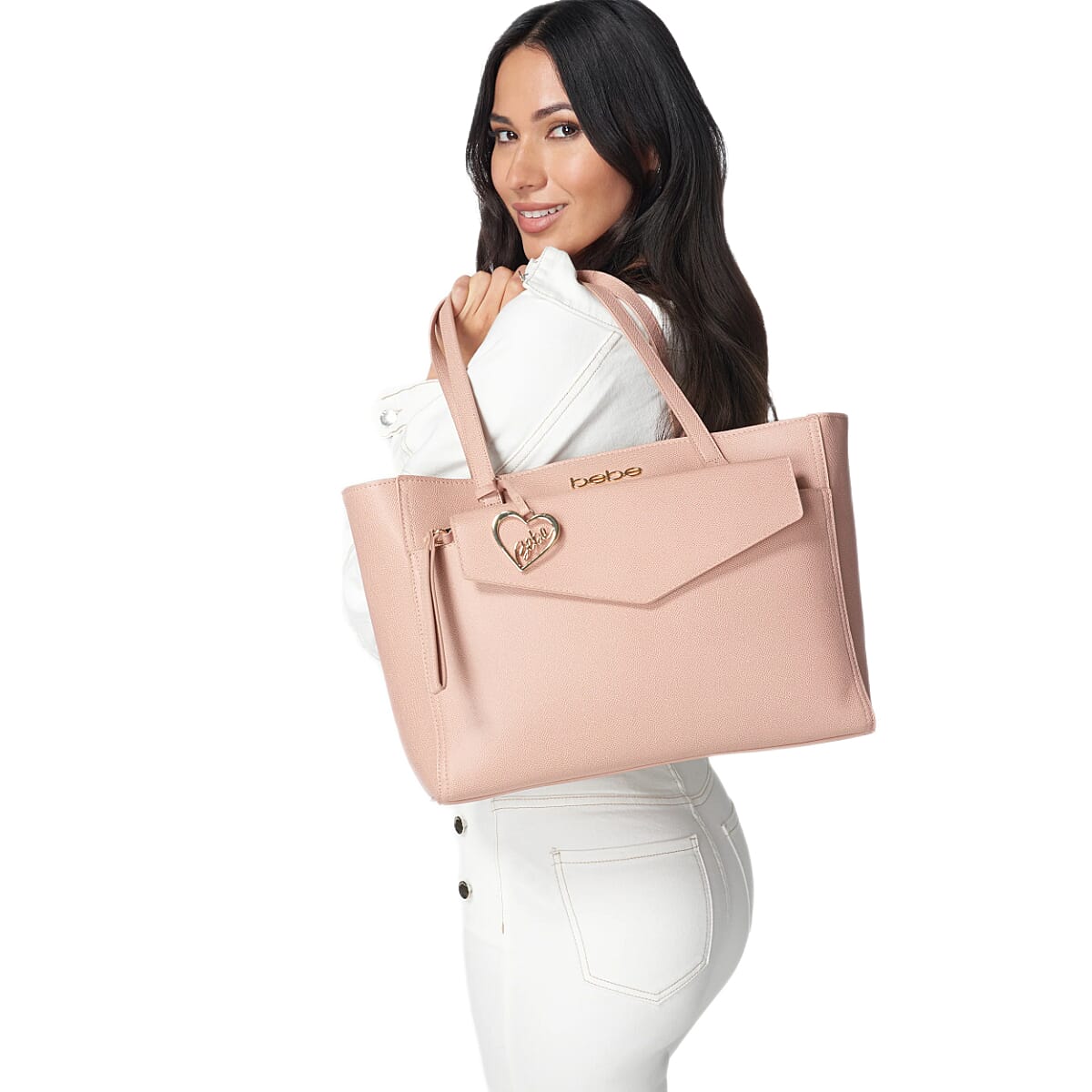 THE DESIGNER LAUNCH -- BEBE Signature Tote - Clutch Set with Heart Charm (Size 10x5x14 cm) - Blush