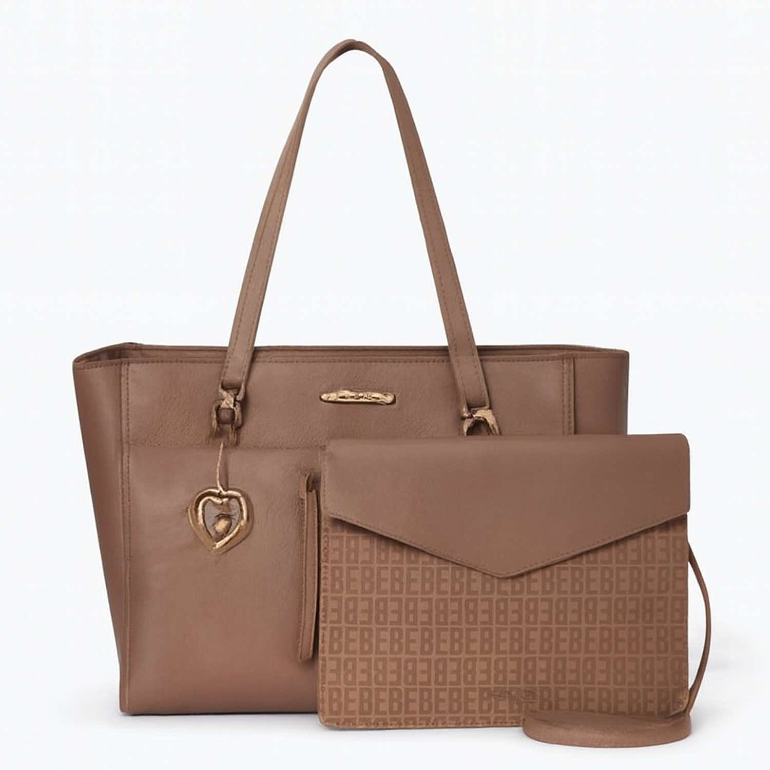 THE DESIGNER LAUNCH -- BEBE Signature Tote - Clutch Set with Heart Charm (Size 10x5x14 cm) - Taupe
