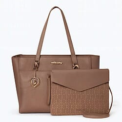 THE DESIGNER LAUNCH -- BEBE Signature Tote - Clutch Set with Heart Charm - Taupe