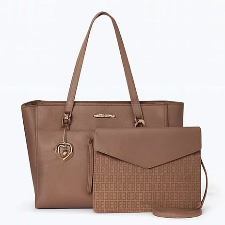 THE DESIGNER LAUNCH -- BEBE Signature Tote - Clutch Set with Heart Charm (Size 10x5x14 cm) - Taupe