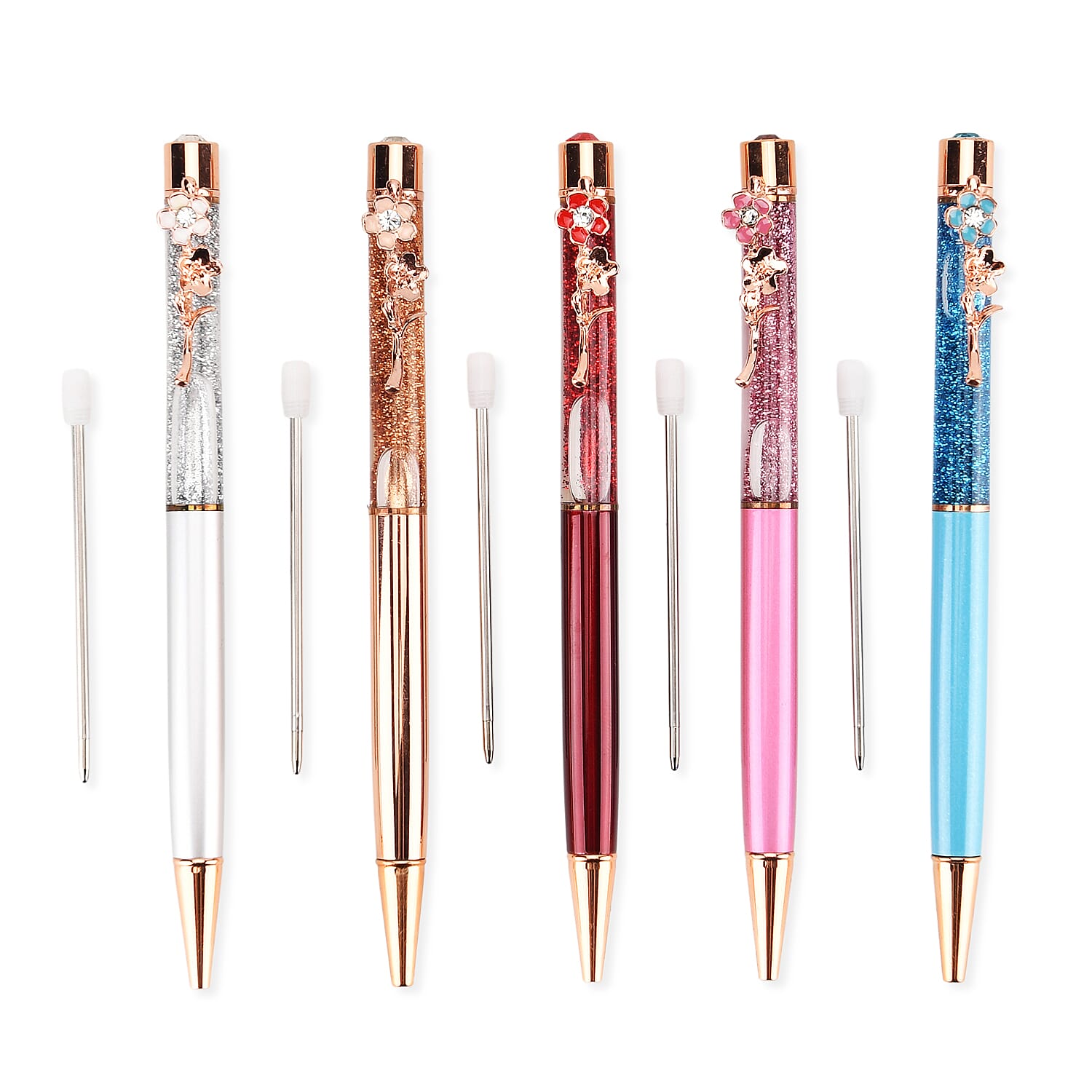 Set of 5 Ballpoint Black Ink Pens with Flower Accents - inc. Extra 5 Blue Ink