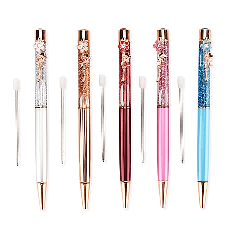 Set of 5 Ballpoint Black Ink Pens with Flower Accents - inc. Extra 5 Blue Ink