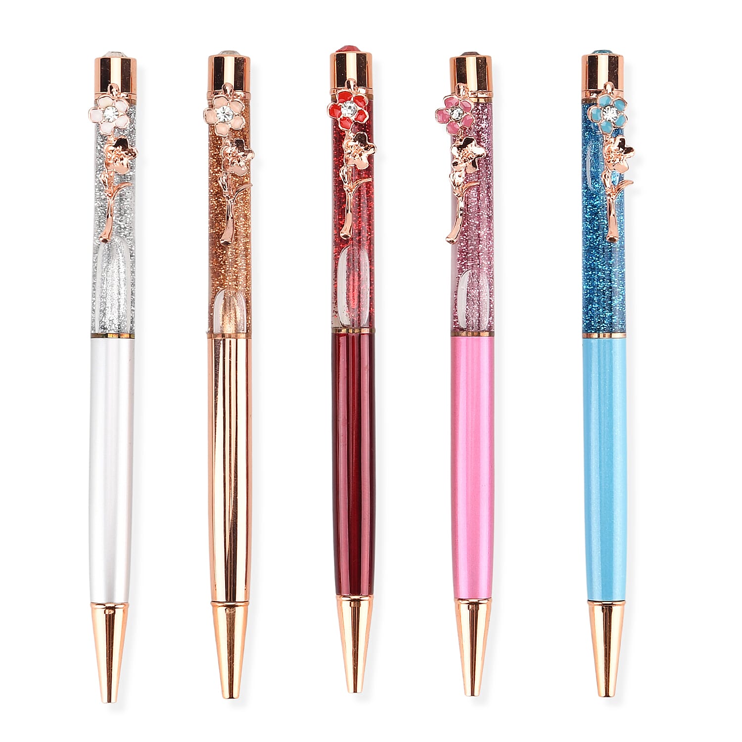 Set of 5 Ballpoint Black Ink Pens with Flower Accents - inc. Extra 5 Blue Ink