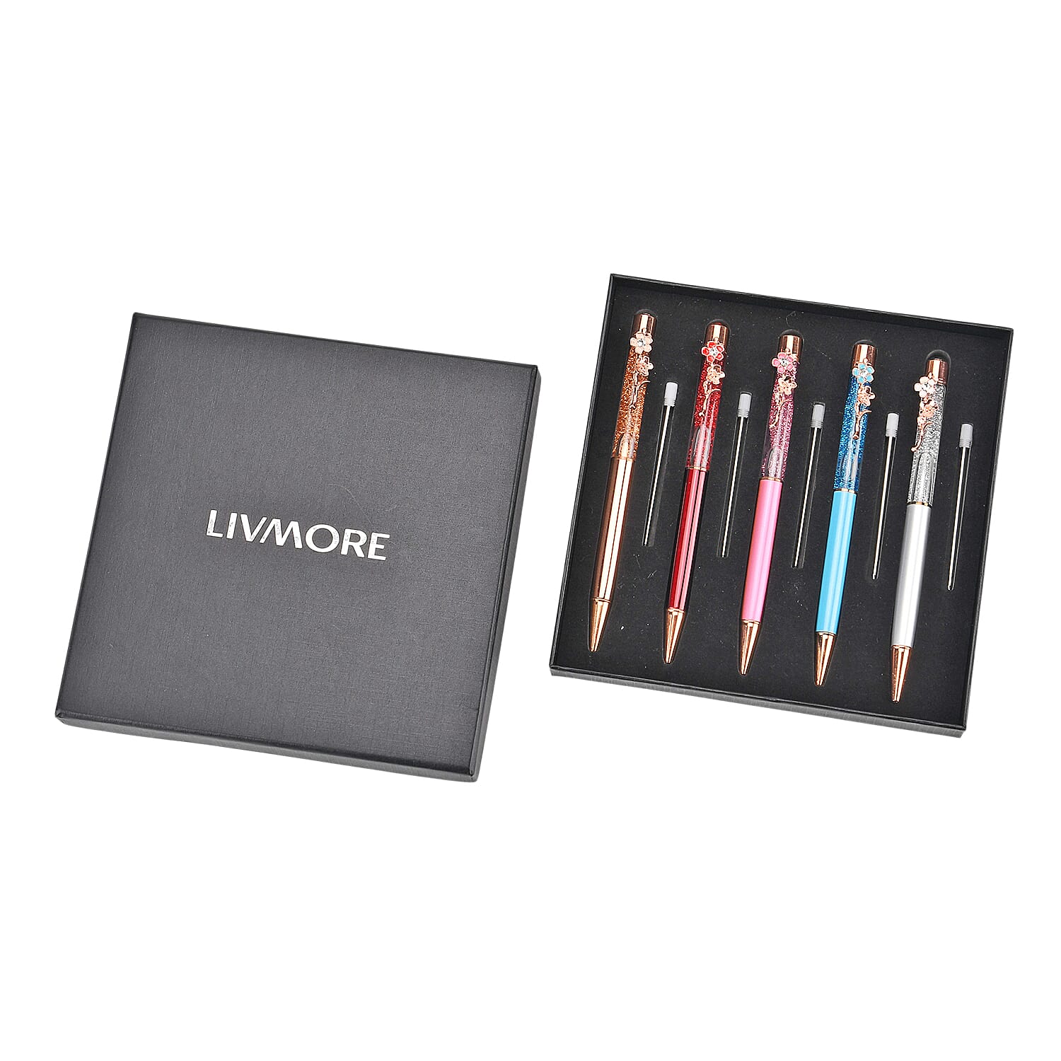 Set of 5 Ballpoint Black Ink Pens with Flower Accents - inc. Extra 5 Blue Ink