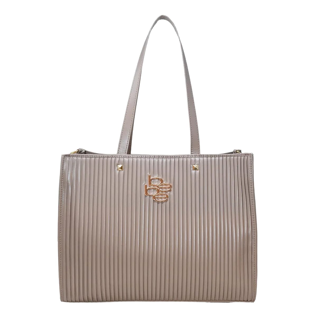 BEBE Quilted Structured Top Handle Tote Bag with Gold Logo Detail - Light Taupe