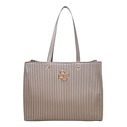 BEBE Quilted Structured Top Handle Tote Bag with Gold Logo Detail - Light Taupe