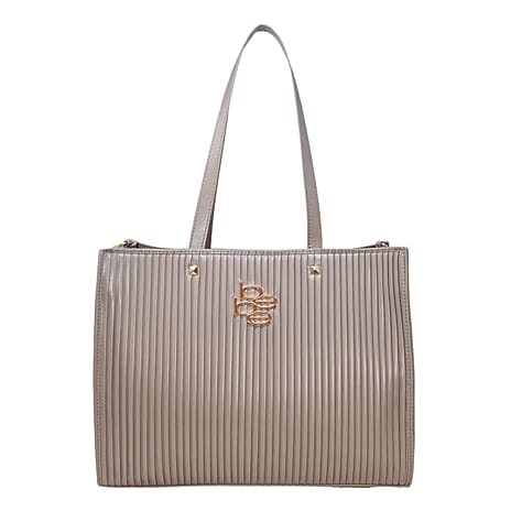 BEBE Quilted Structured Top Handle Tote Bag with Gold Logo Detail - Light Taupe