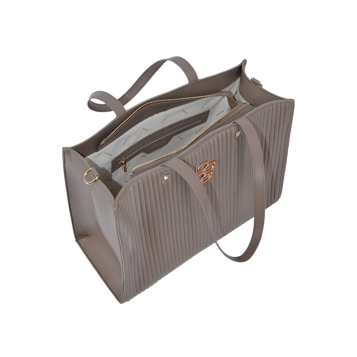 BEBE Quilted Structured Top Handle Tote Bag with Gold Logo Detail - Light Taupe