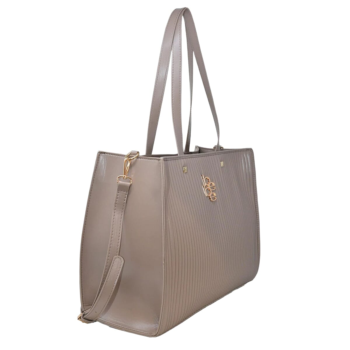 BEBE Quilted Structured Top Handle Tote Bag with Gold Logo Detail - Light Taupe