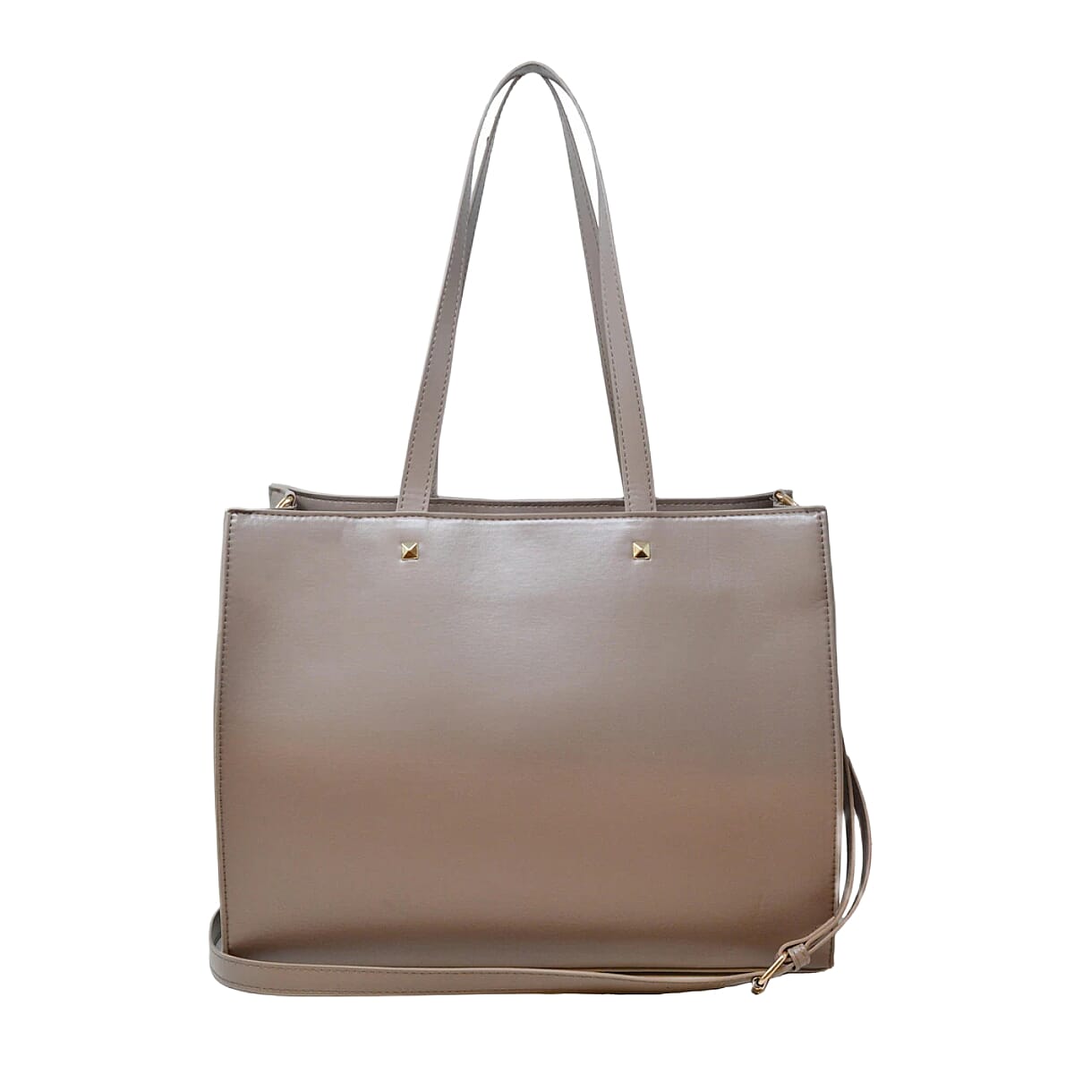 BEBE Quilted Structured Top Handle Tote Bag with Gold Logo Detail - Light Taupe