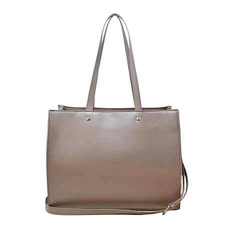 BEBE Quilted Structured Top Handle Tote Bag with Gold Logo Detail - Light Taupe