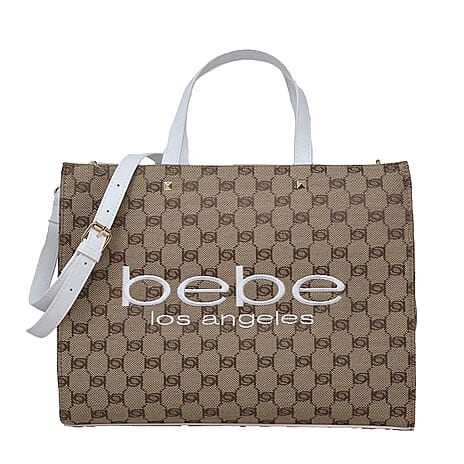 The Designer Closeout -BEBE Luxe Everyday Jacquard Tote with Iconic Bebe Logo Pattern - White
