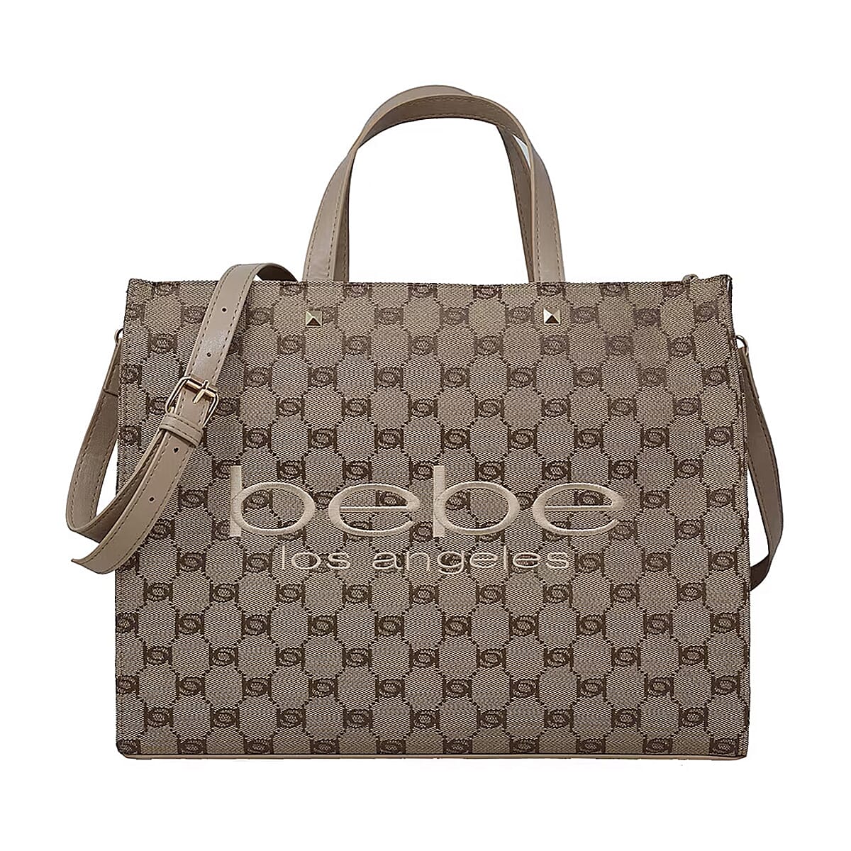 The Designer Closeout - - BEBE Luxe Everyday Jacquard Tote with Iconic Bebe Logo Pattern - Beige