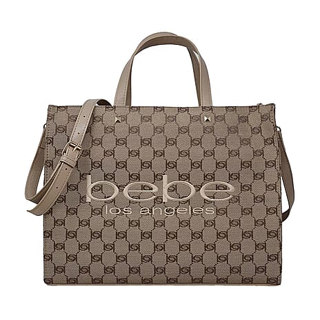The Designer Closeout - - BEBE Luxe Everyday Jacquard Tote with Iconic Bebe Logo Pattern - Beige