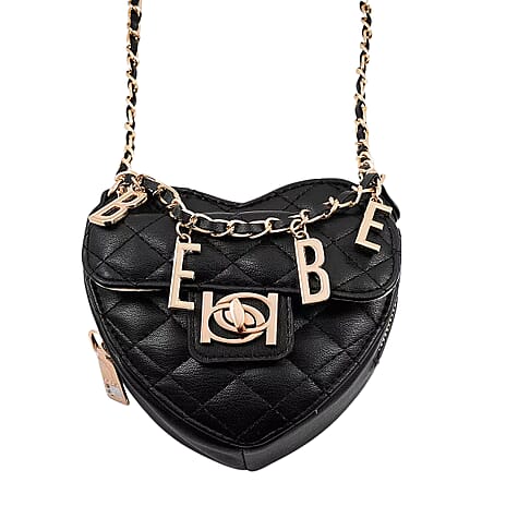 BEBE Vegan Leather Heart Quilted Crossbody with Chain Strap - Gold Toned Bebe Hardware - Black