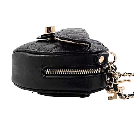 BEBE Vegan Leather Heart Quilted Crossbody with Chain Strap - Gold Toned Bebe Hardware - Black