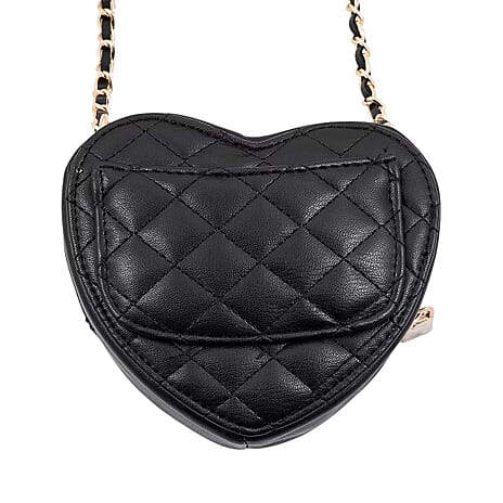 BEBE Vegan Leather Heart Quilted Crossbody with Chain Strap - Gold Toned Bebe Hardware - Black
