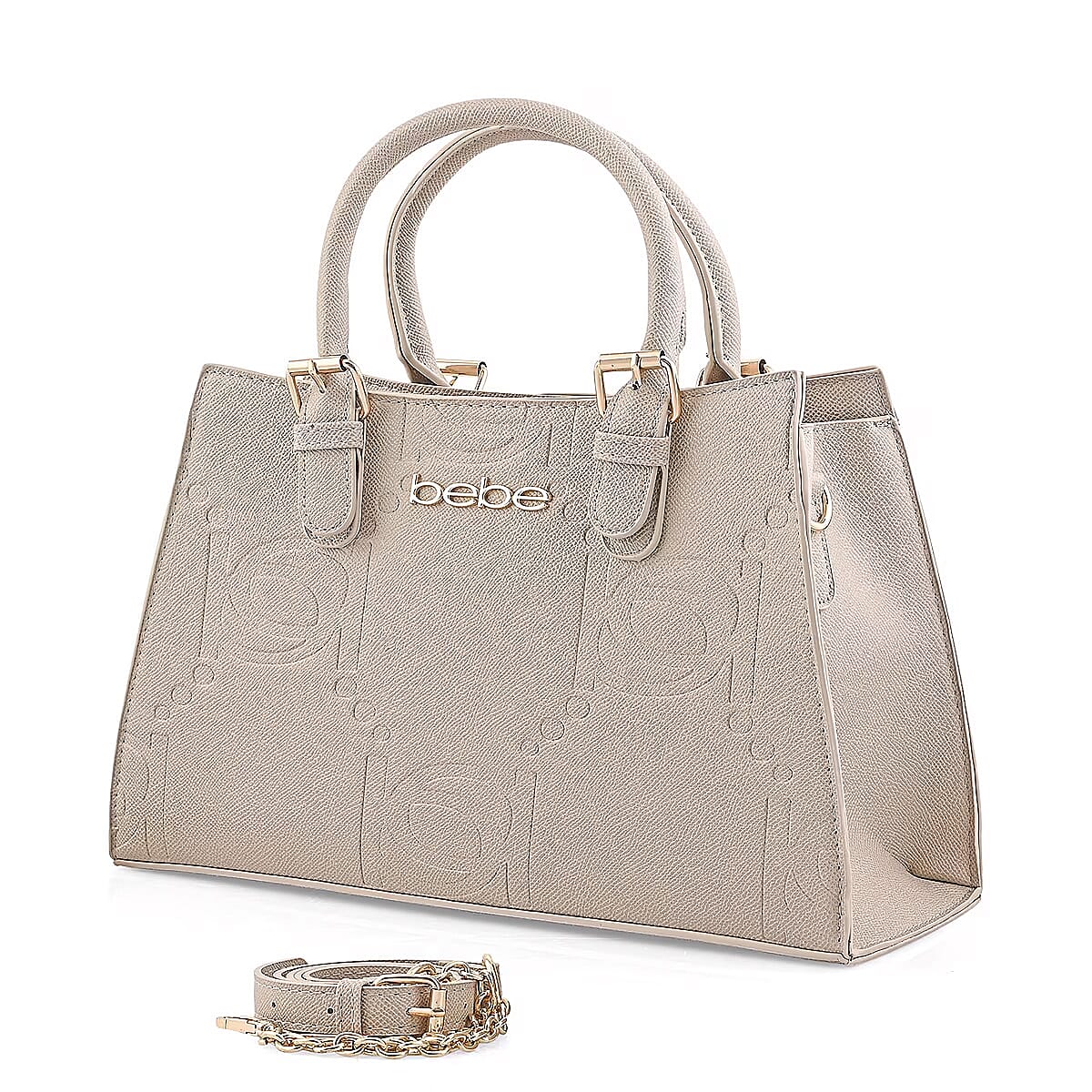 BEBE Zenia Embossed Satchel with Removable Strap - Gold Details - Light Taupe