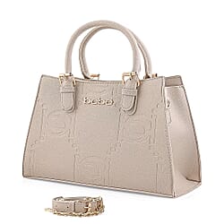 BEBE Zenia Embossed Satchel with Removable Strap - Gold Details - Light Taupe