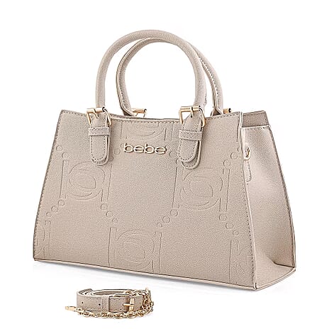 BEBE Zenia Embossed Satchel with Removable Strap - Gold Details - Light Taupe