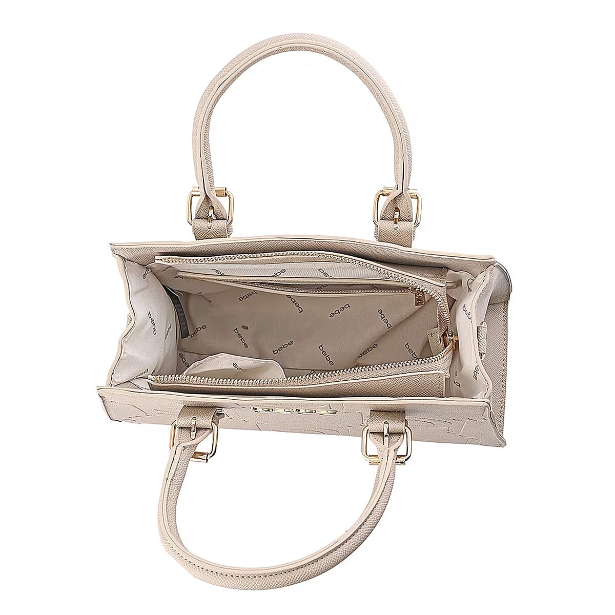 BEBE Zenia Embossed Satchel with Removable Strap - Gold Details - Light Taupe