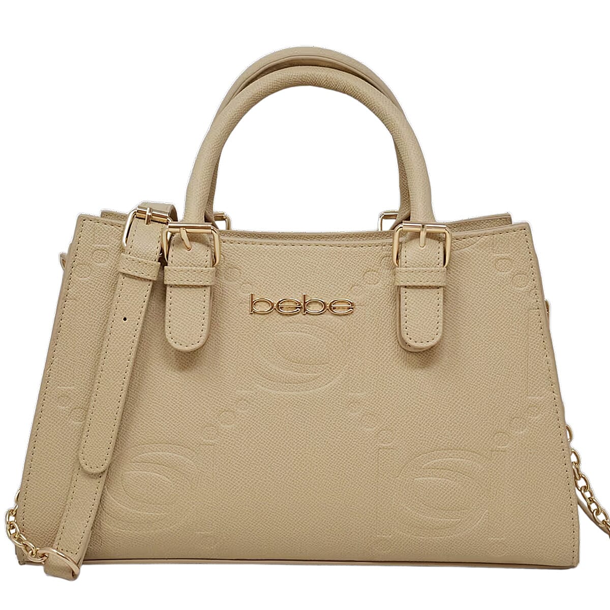 BEBE Zenia Embossed Satchel with Removable Strap - Gold Details - Almond