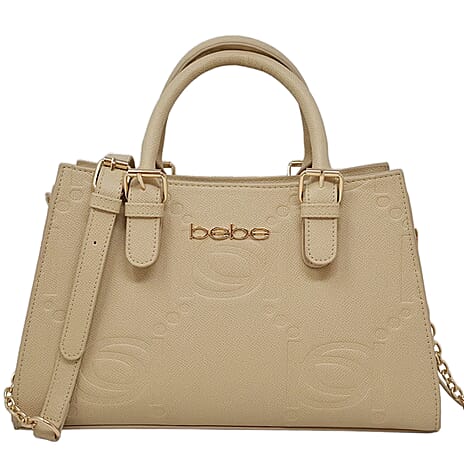 BEBE Zenia Embossed Satchel with Removable Strap - Gold Details - Almond