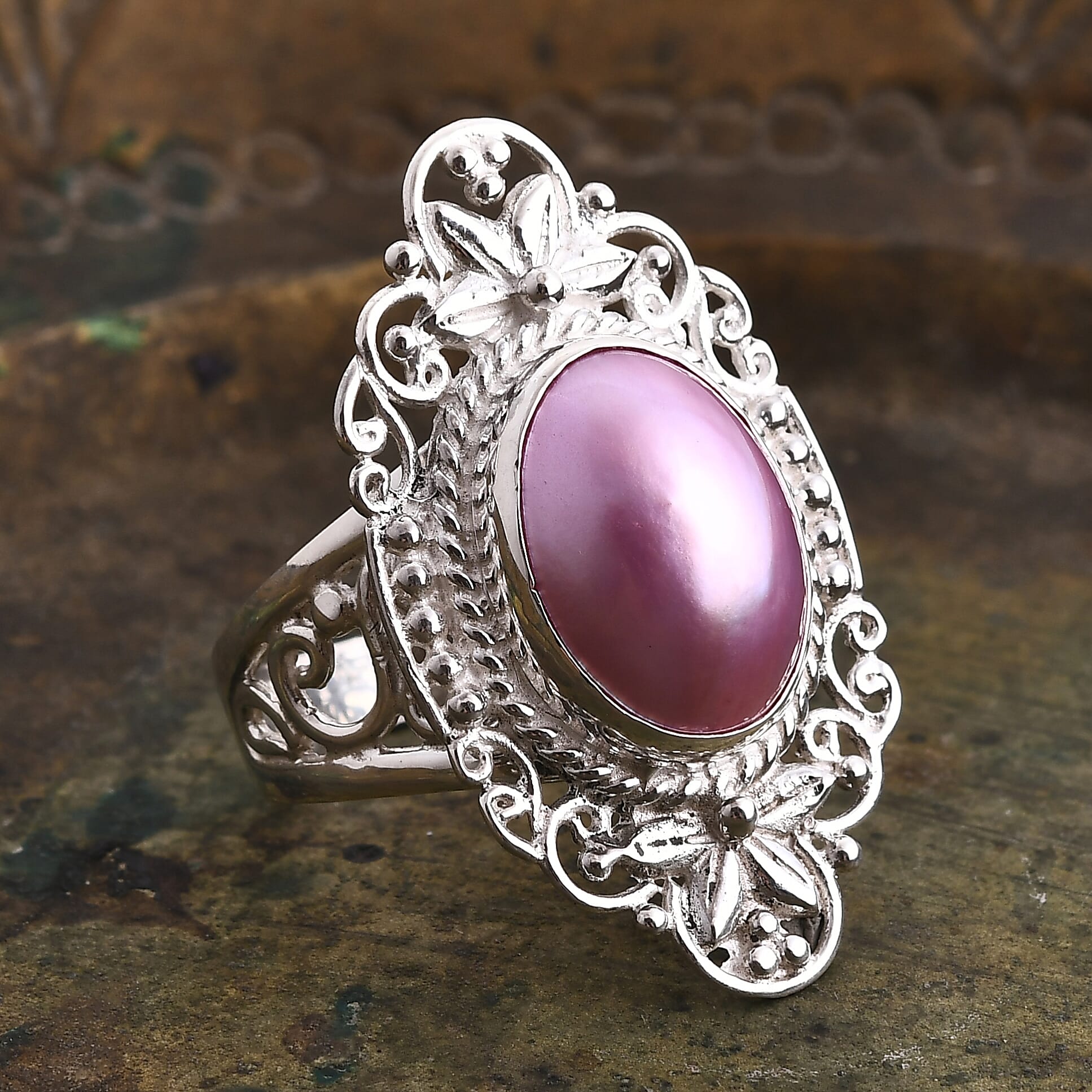 D'joy Pink Mabe Pearl Ring Sterling Silver 4.88 Ct, Silver Wt. 8.60 Gms.