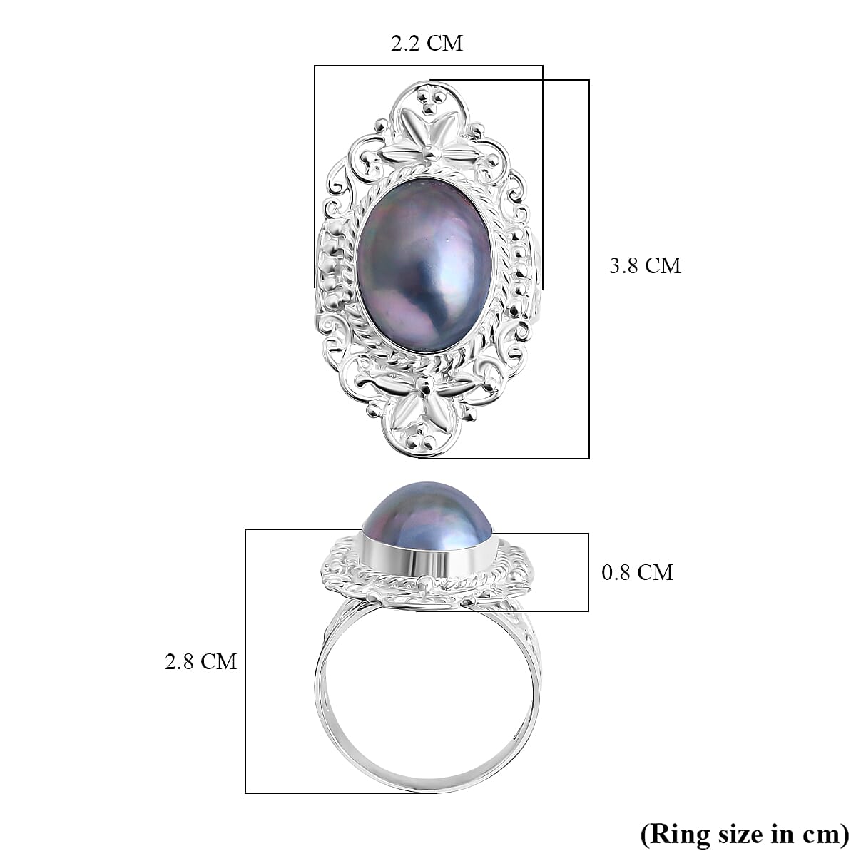 Royal Bali Collection Blue Mabe Pearl Ring in Sterling Silver 4.77 Ct, Silver Wt. 8.48 Gms.